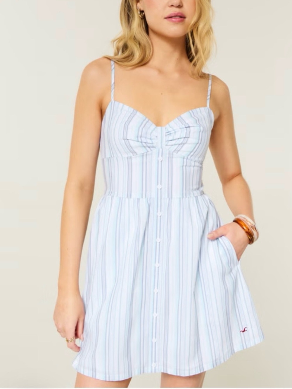 Hollister Light Blue & White Striped Button-Front Mini Dress